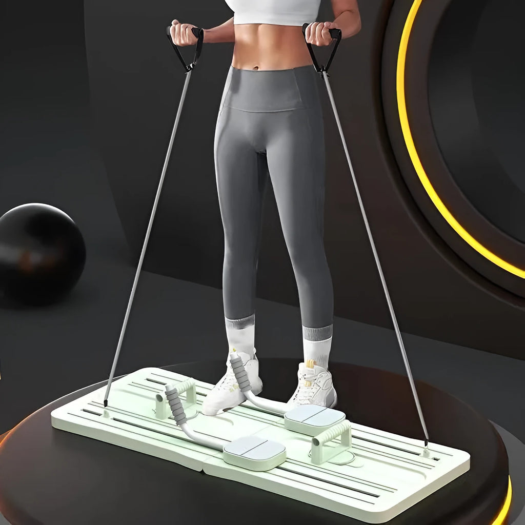 Foldable purple PP plastic flat support trainer belly panel for core exercises on a wooden floor.