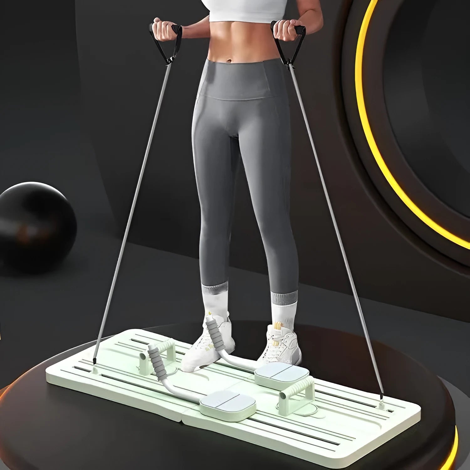 Foldable purple PP plastic flat support trainer belly panel for core exercises on a wooden floor.