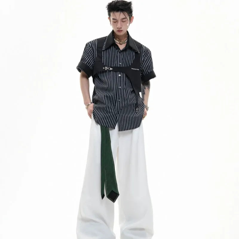 Men's black and white striped shirt with double collar design and short sleeves