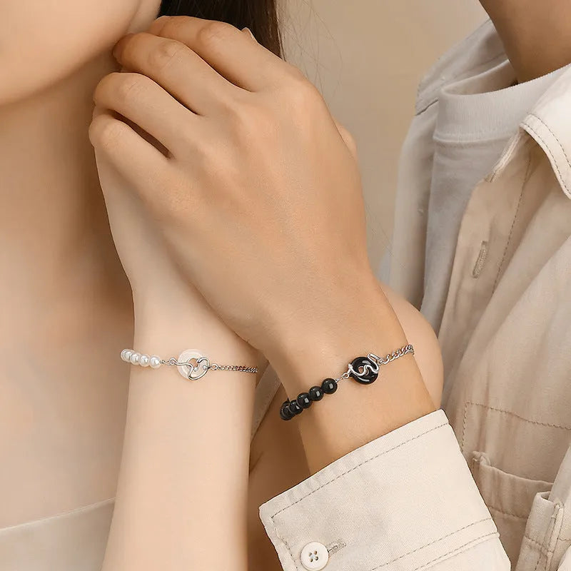 925 sterling silver couple bracelet with obsidian pearls and snake design in New Chinese style