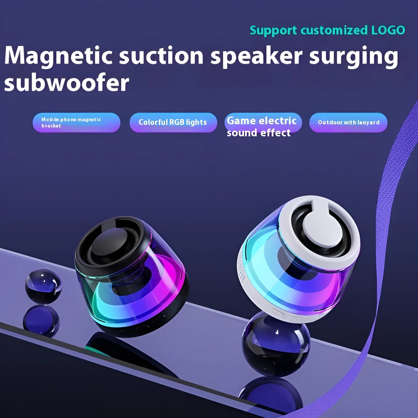 Portable white or black Bluetooth speaker with ambient lighting and magnetic design on a desktop