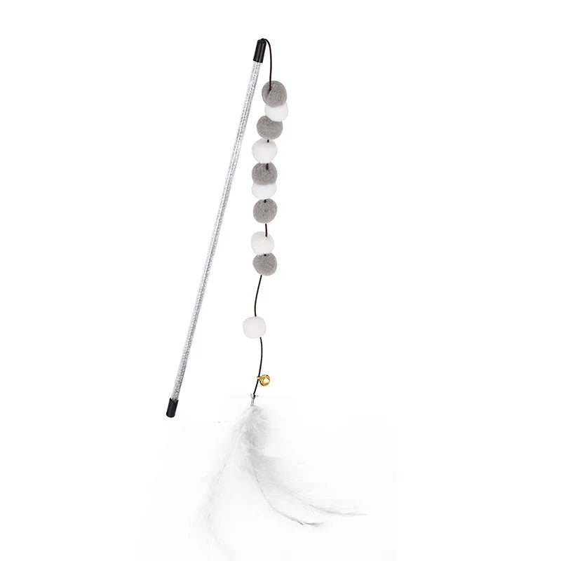 31cm long cat teaser toy rod with colourful pompons, feathers, and bell for interactive play