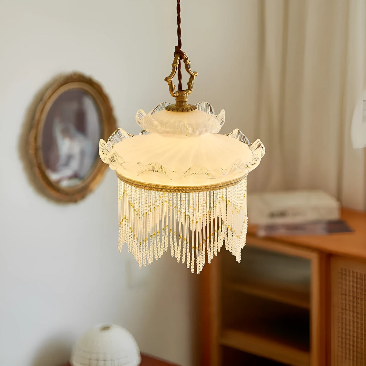 Tassel chandelier with copper lamp body and glass lampshade for dining room or bedroom
