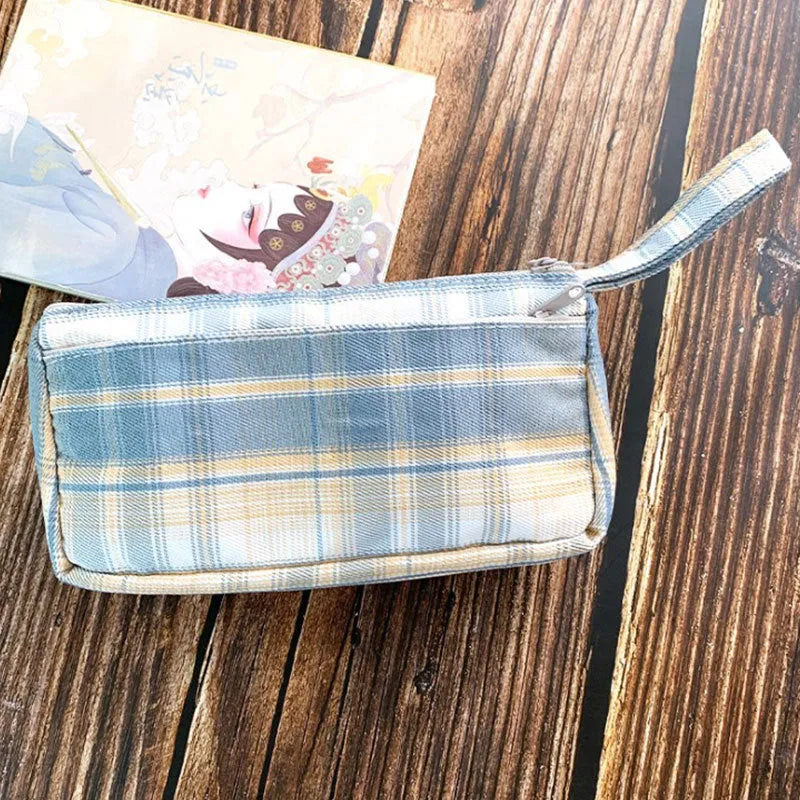 Double-layer canvas stationery bag in striped grid pattern, square shape, casual style