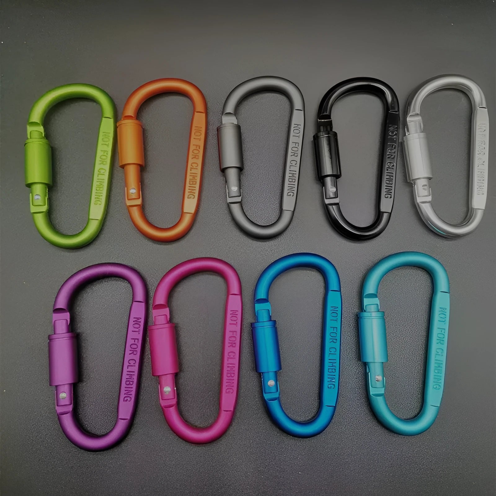Aluminium D-type carabiner with lock in multiple colour options showing 8cm flat design