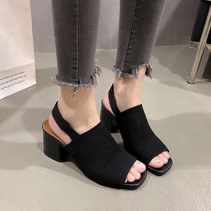 Women's flyknit chunky heel sandals with square toe, mesh upper, rubber sole, black, sizes 35-42