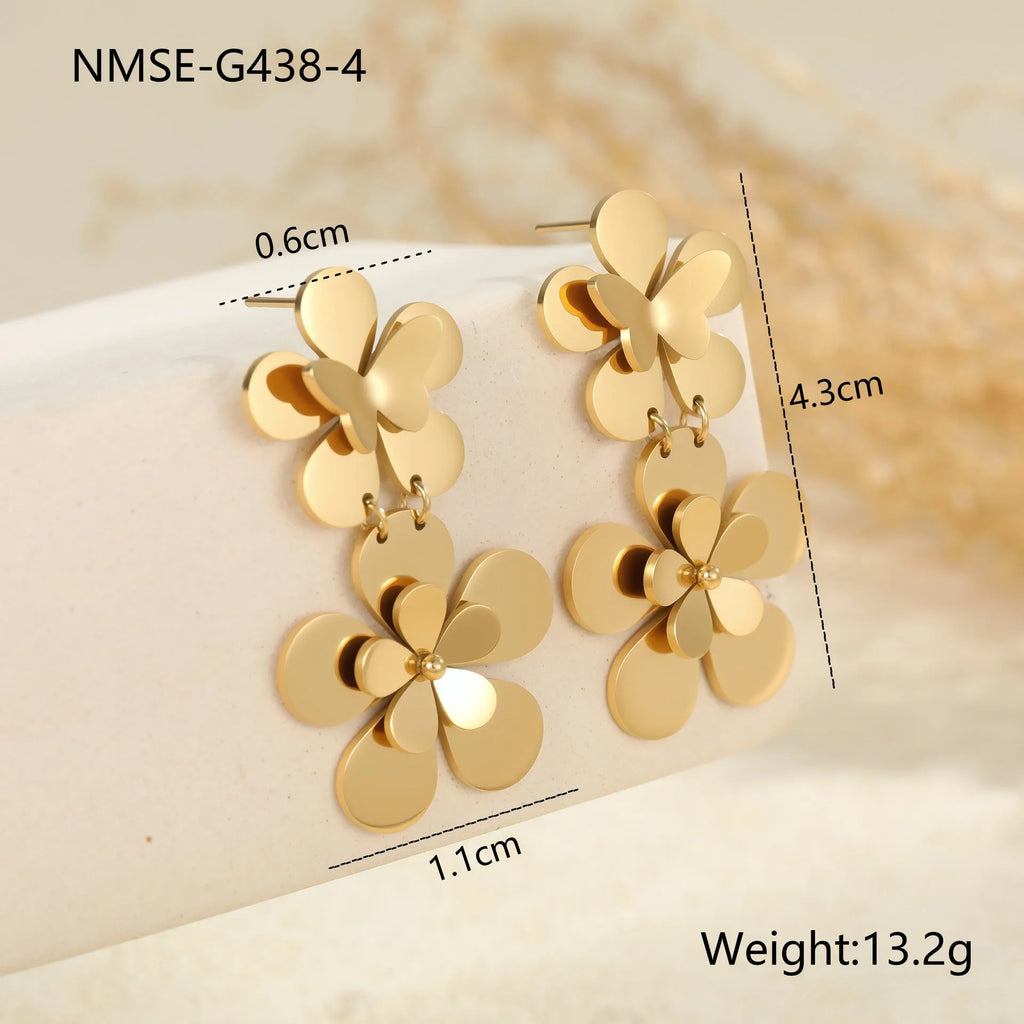 Gold electroplated stainless steel earrings with floral butterfly design for women