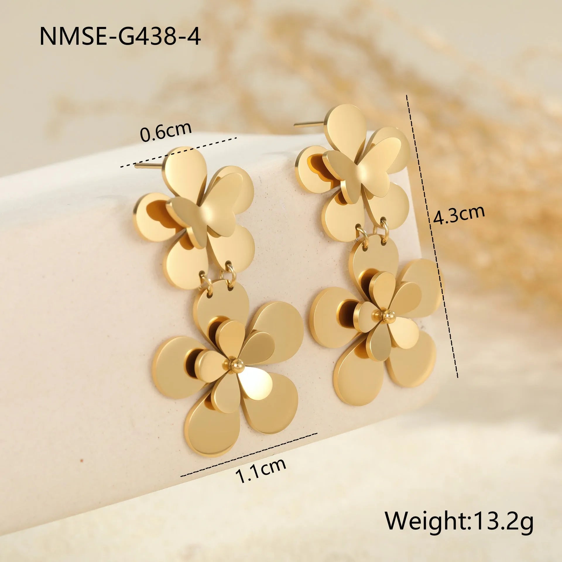 Gold electroplated stainless steel earrings with floral butterfly design for women