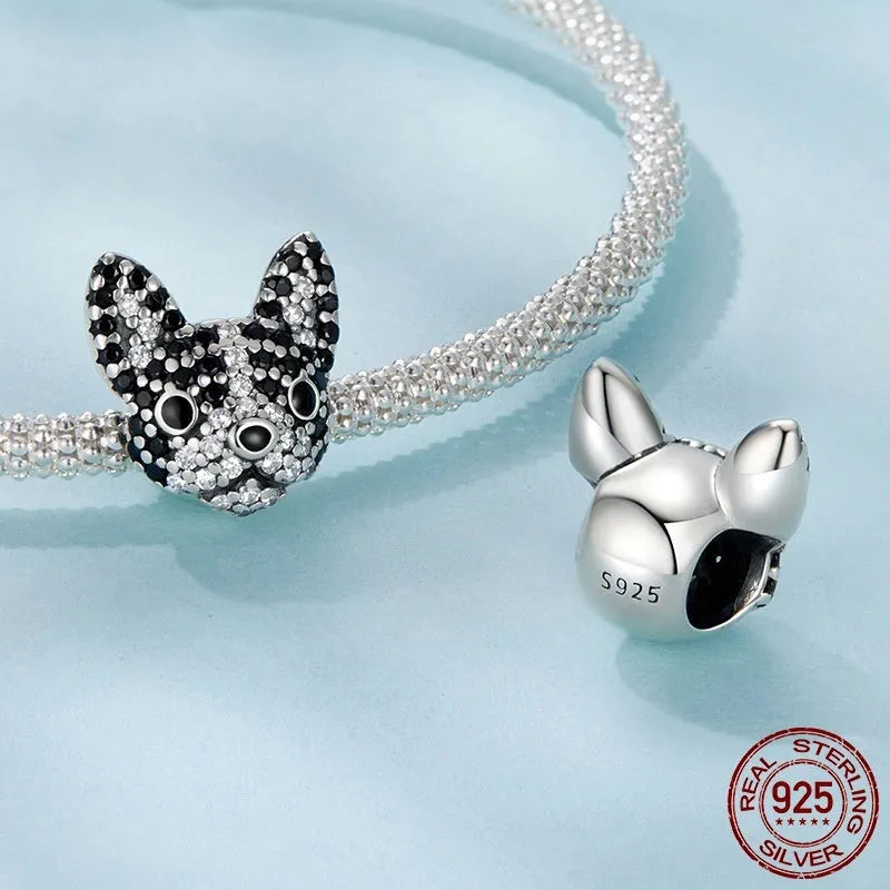 S925 sterling silver Boston dog bead with inlay finish, 1.2 cm height, silver colour