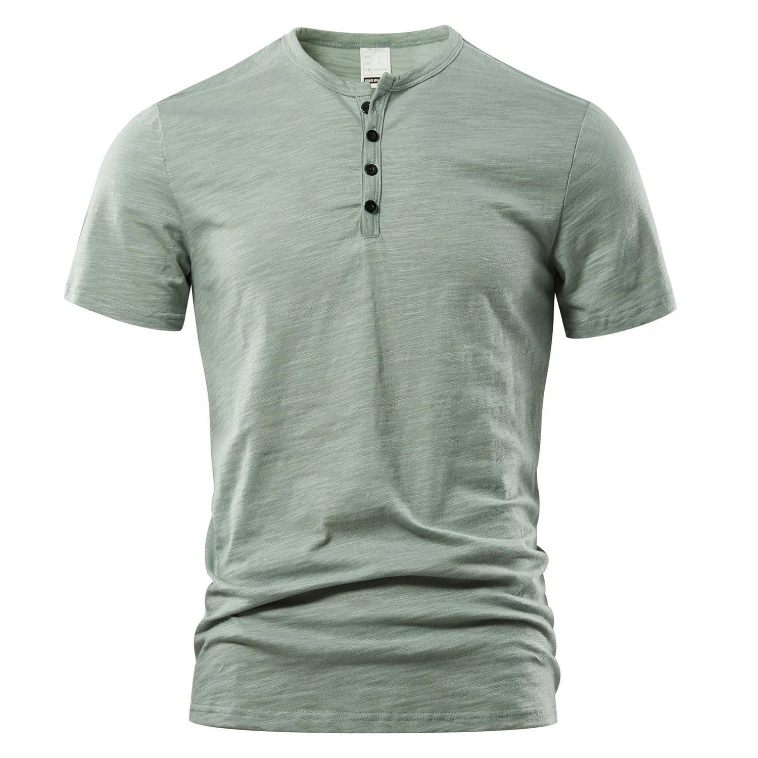 Men's slub cotton solid colour short sleeve T-shirt in denim blue on a hanger