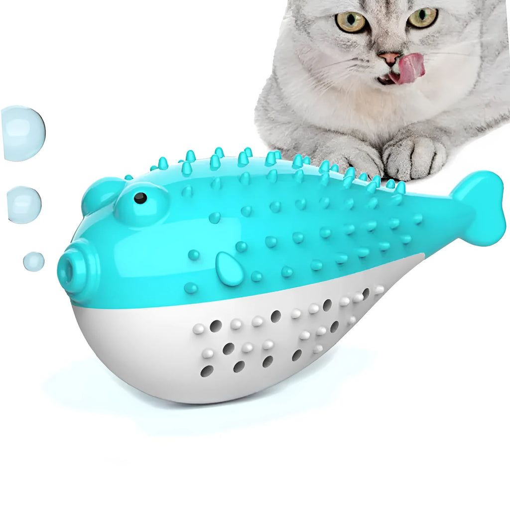 Silicone fish-shaped chew toy for cats in four colours: blue, green, pink, and yellow.