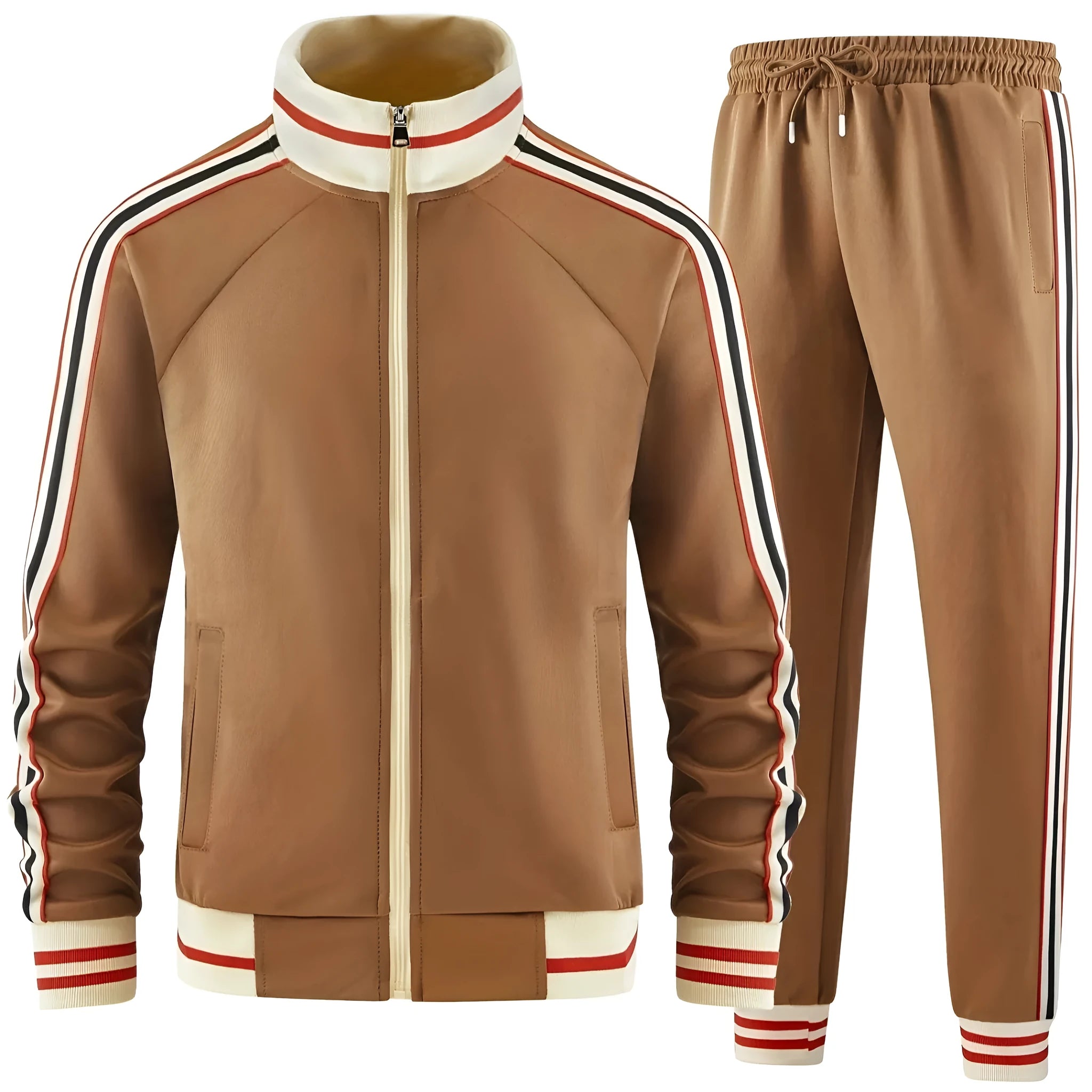 A khaki coloured turtleneck zipper cardigan worn with matching trousers, a street style two-piece leisure suit.