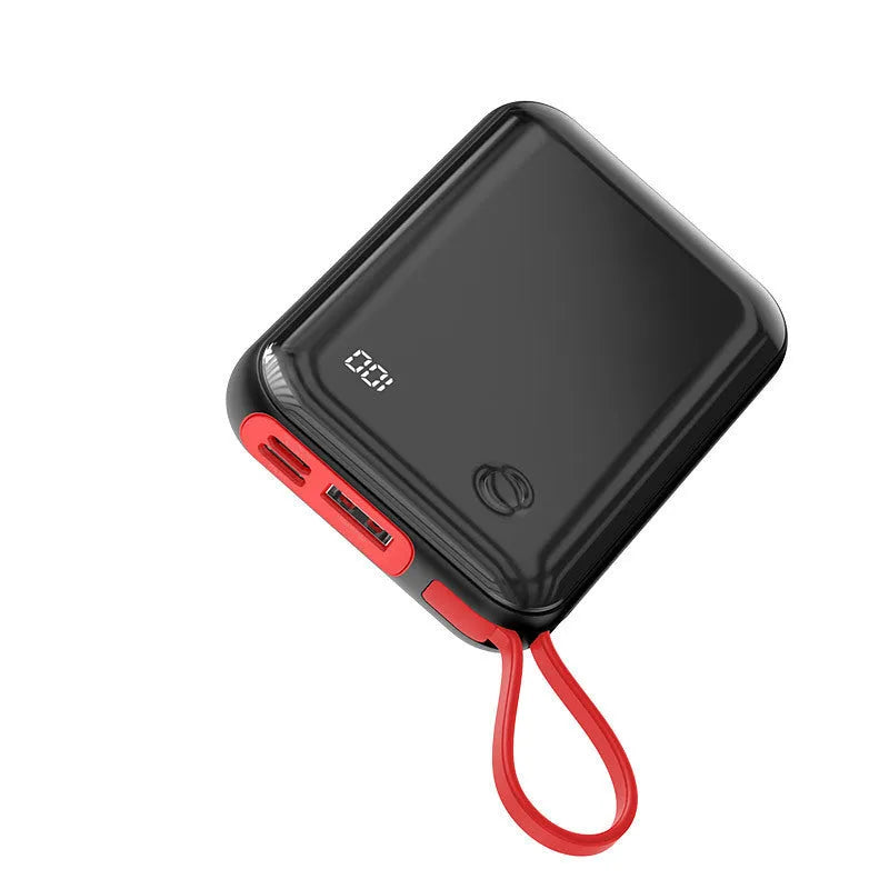 Small square 10000mAh power bank with digital display, built-in cable, black or red, 100*65*24mm