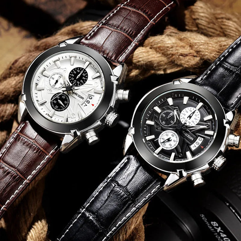 Men's multifunctional timing wristwatch with three subdials, luminous hands, in black or brown colour options.