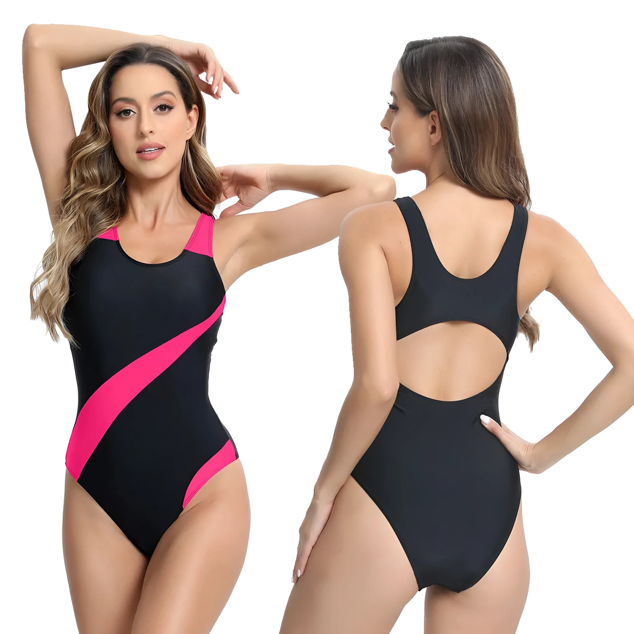 One-piece briefs swimsuit in tight-fitting design available in rose red, blue, and white colours