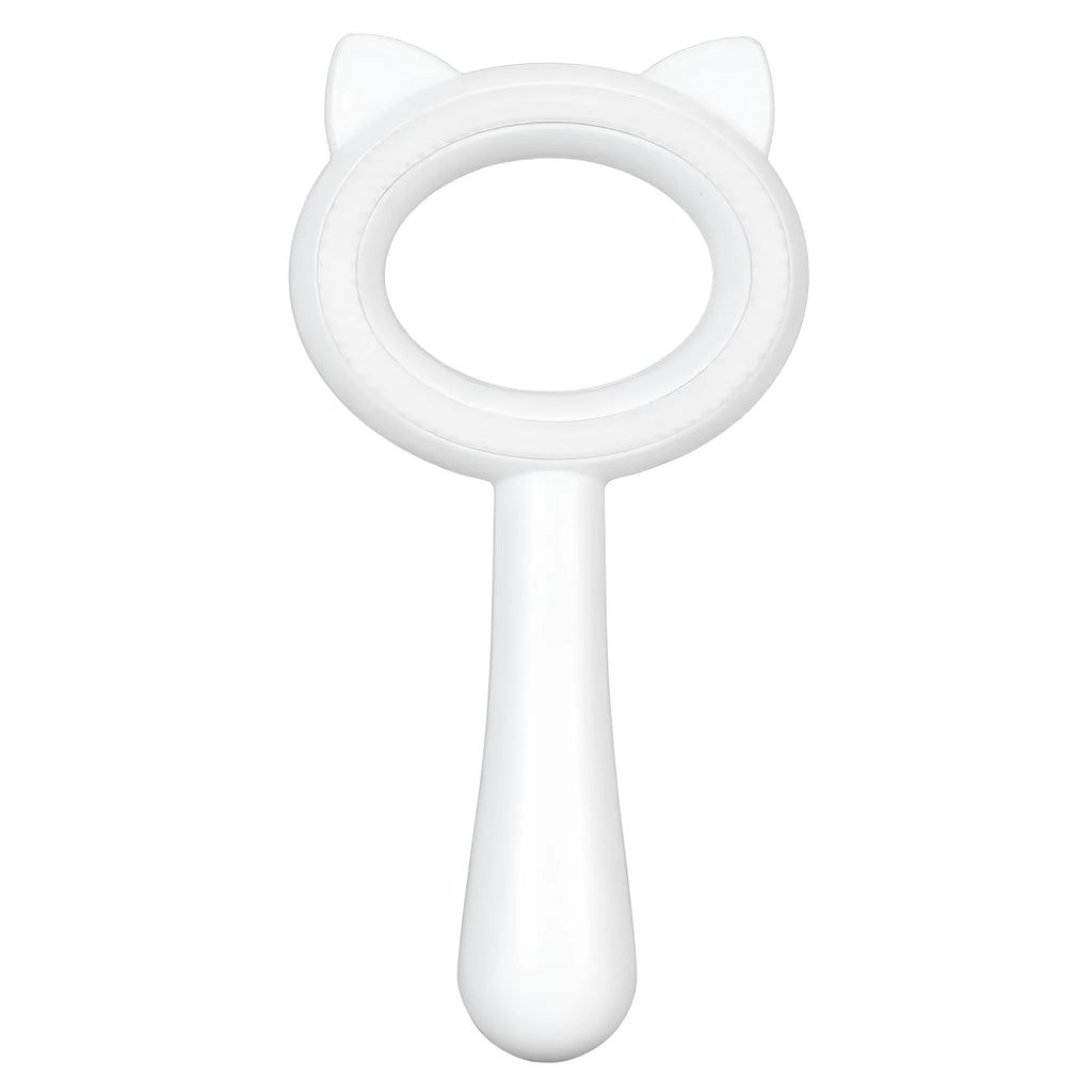 Blue and white double-sided pet grooming brush with a comfortable handle for cats and dogs.