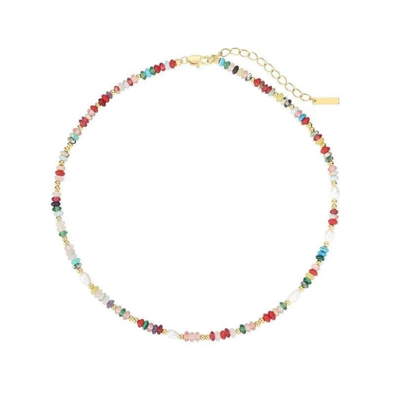 Mixed material dopamine beaded necklace and bracelet set with natural stone, freshwater pearl, glass, resin beads, and mother of pearl pendant