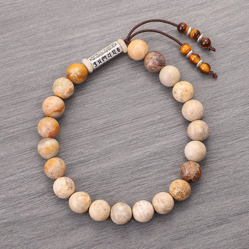 Handmade wood colour stone bead bracelet with original retro design.