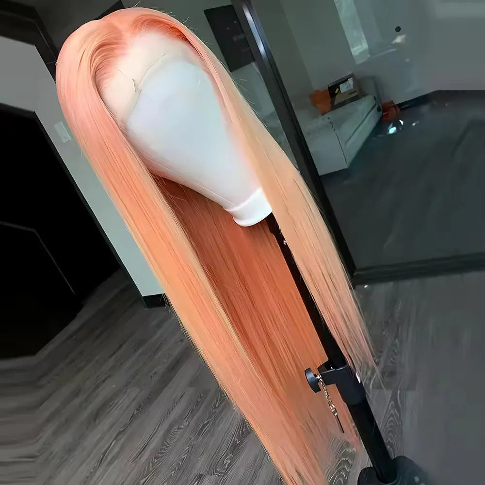 Light orange long straight front lace wig with side bangs on a model