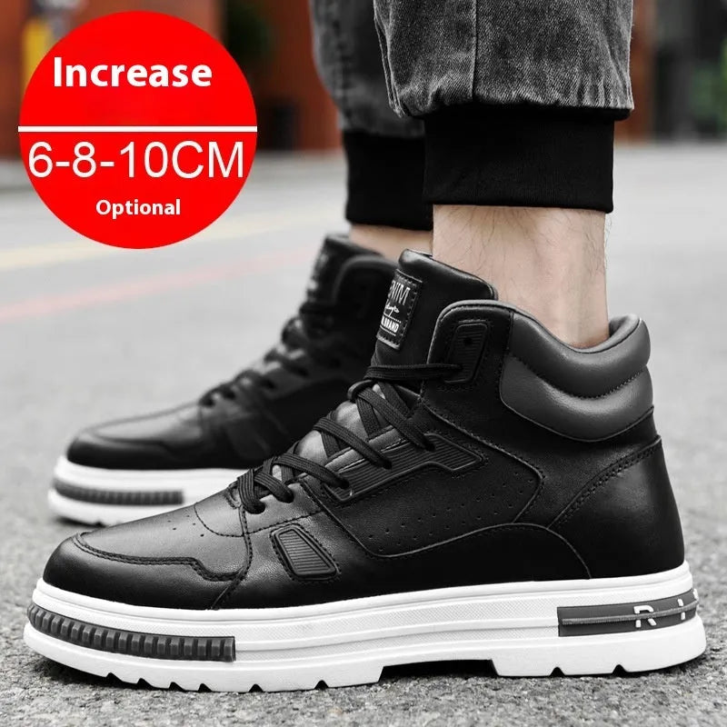 Men's mid-top Martin boots with height increasing insole, two-layer cowhide upper, black and white options