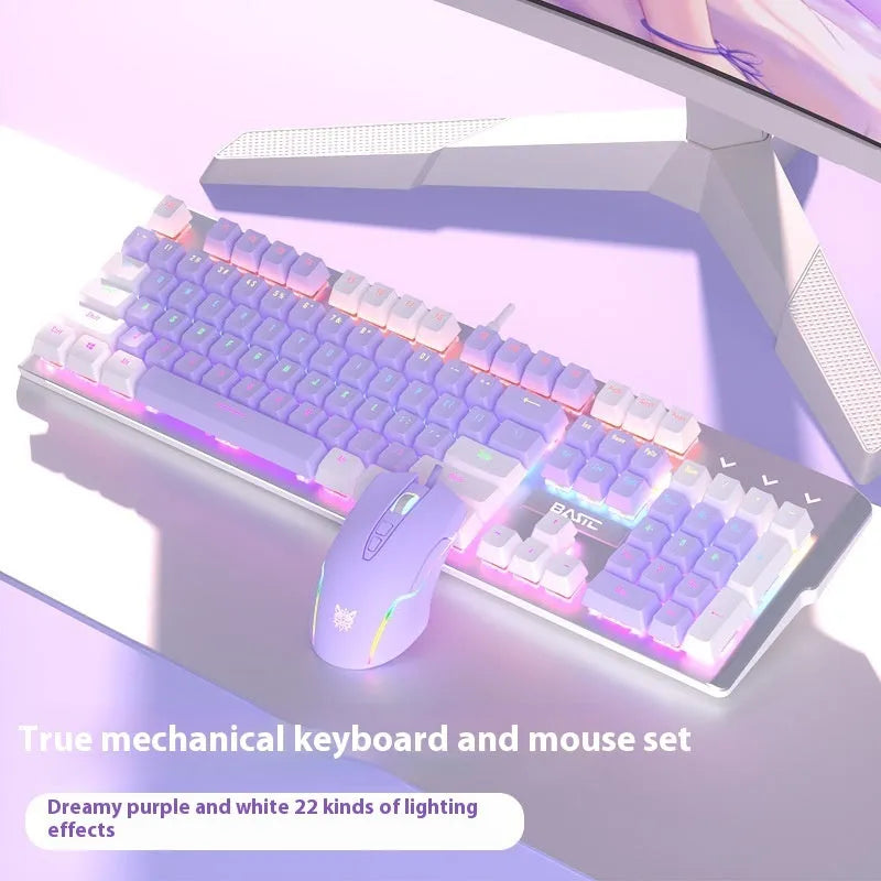 White and purple mechanical keyboard and mouse gaming combo with backlight