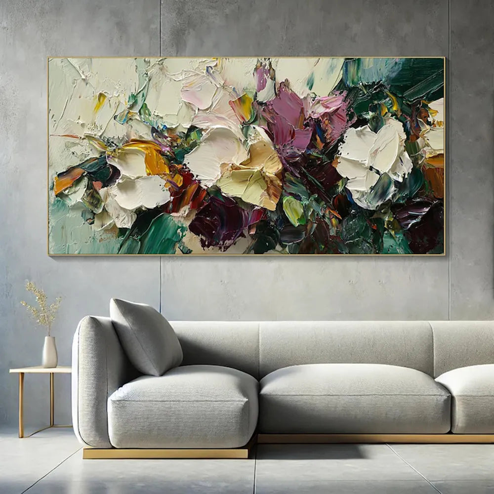 Hand-painted flower oil painting on canvas with knife-thick texture, rolled and frameless, horizontal modern wall art
