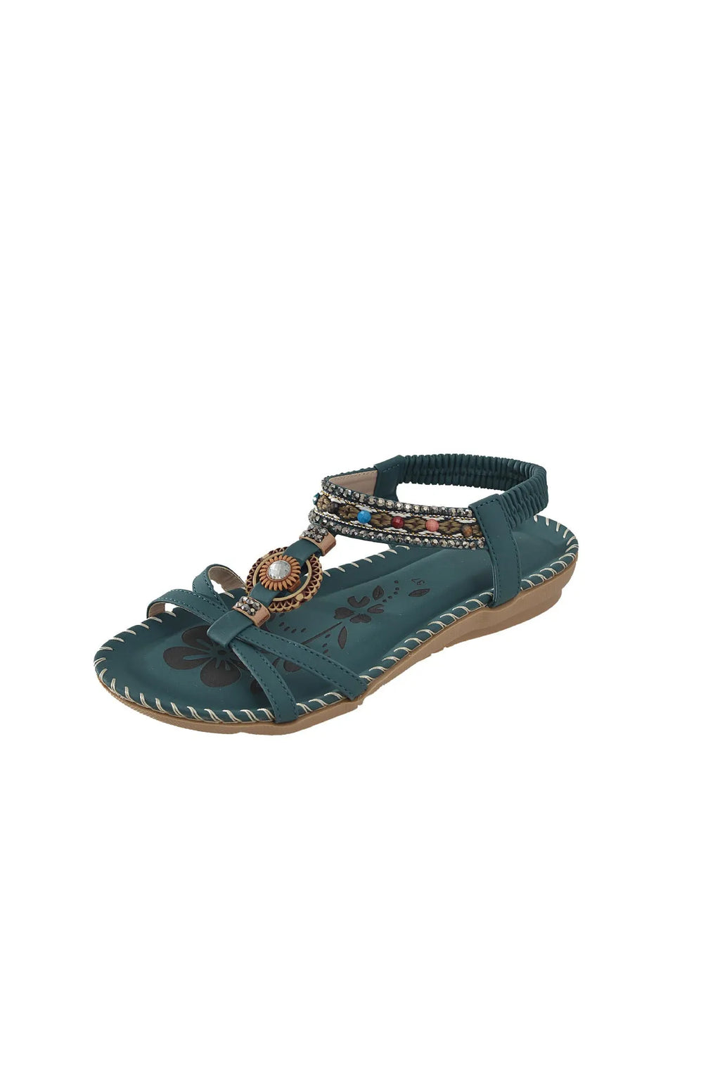 Handmade beaded rhinestone flat beach sandals for women, dark green, PU upper, low top, TPR sole