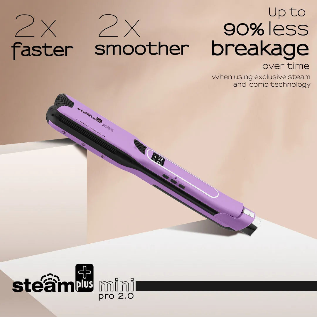 Mini steam hair straightener in purple, rose red or champagne with ceramic plates and European plug