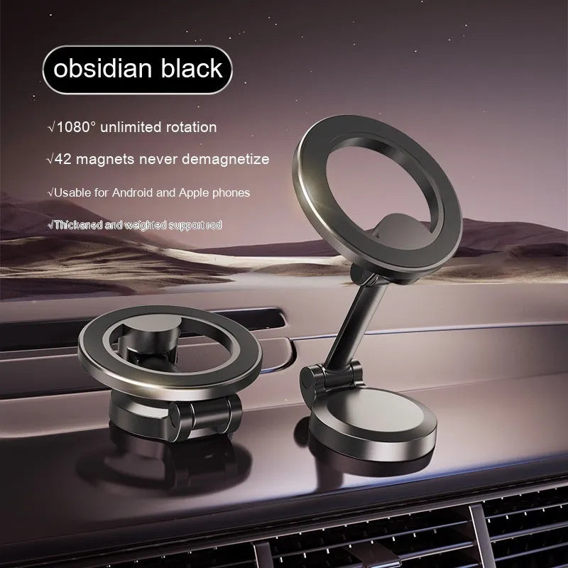All-metal magnetic car phone mount with foldable bracket in Qian colour on vehicle dashboard