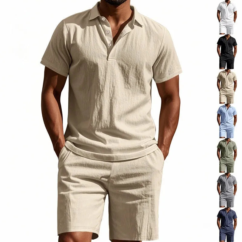 Men's linen beach shorts suit set showing short sleeve shirt and matching shorts in light blue colour
