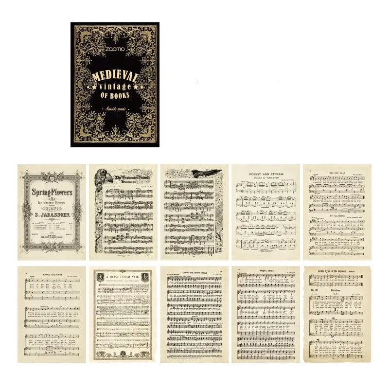 Gift paper set with 10 sheets showing eight decorative patterns including botanical gardens and seaside music designs