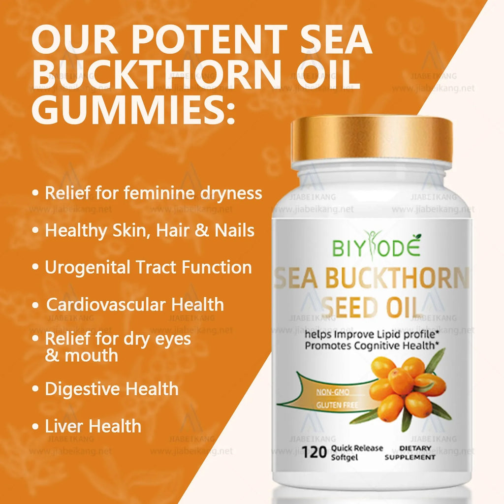 Wholesale OEM sea buckthorn softgel capsules, 120 per bottle, herbal supplement with GMP HACCP ISO certification.