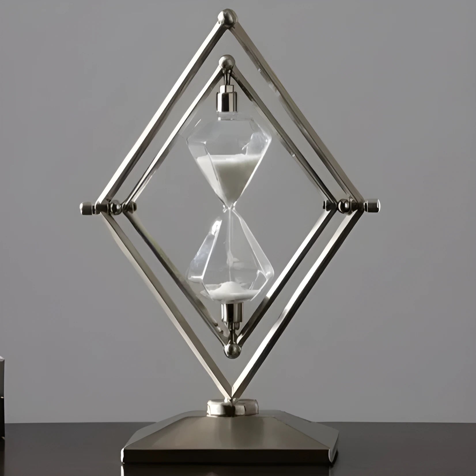 Glass sand timer with zinc alloy metal ornaments showing bronze or silver finish with white or black sand