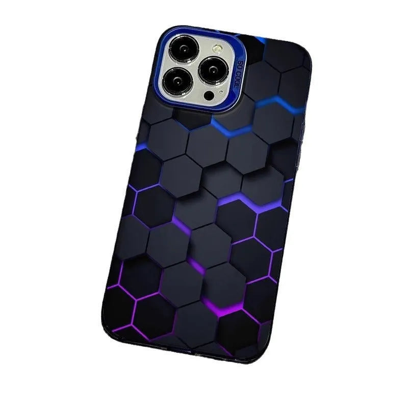 Frosted black iPhone case with a honeycomb square pattern on the back.