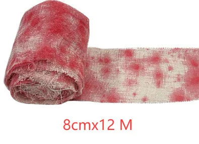 Bloody red polyester Halloween bandage roll showing 8cm width and textured surface for costume use.