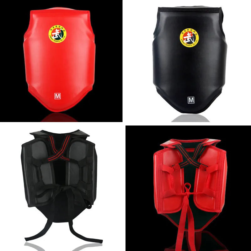 Red boxing helmet with matching chest protector for training and competition