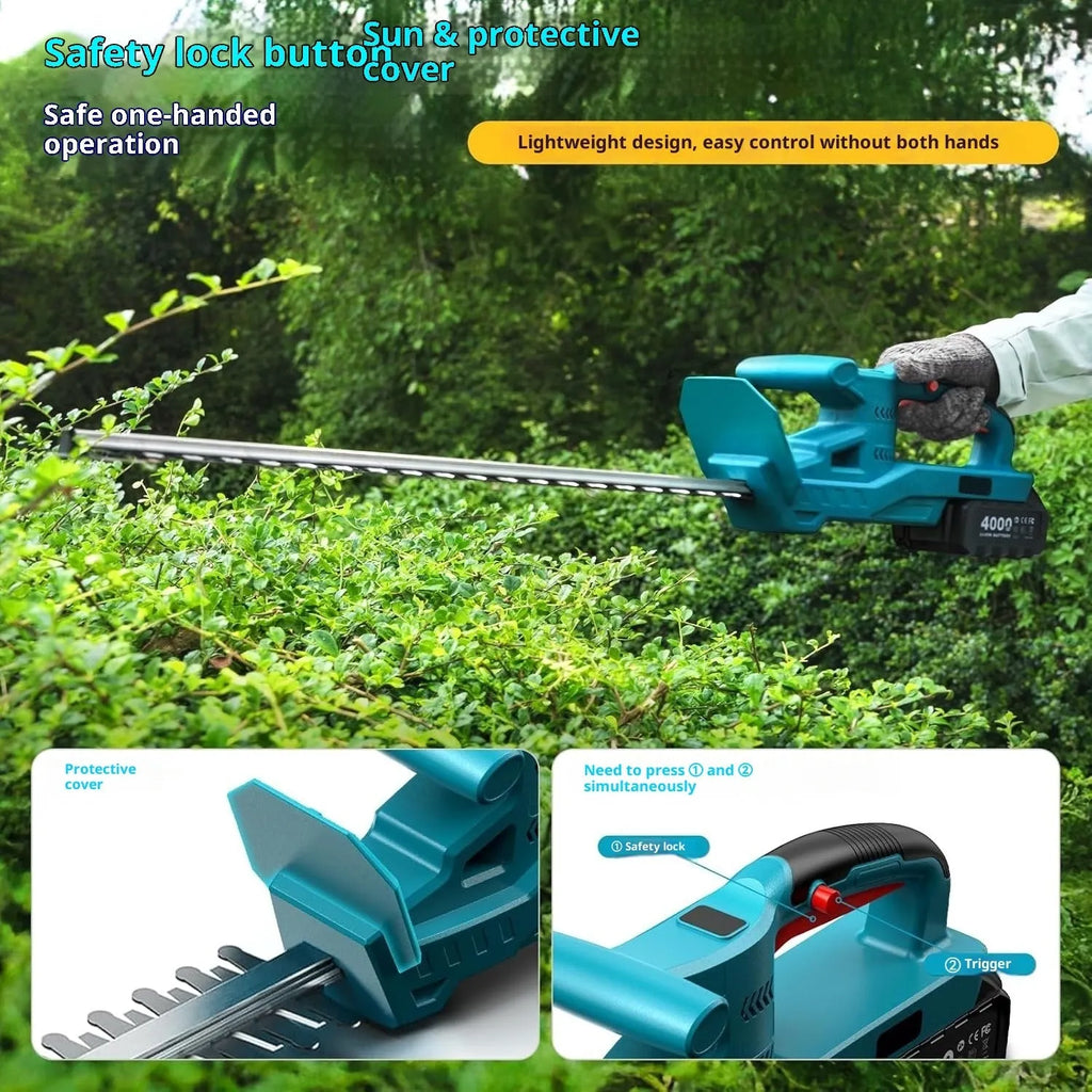 24V cordless lithium battery hedge trimmer with two batteries, charger, gloves, goggles and blade guard