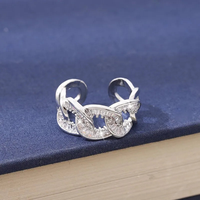 Silver-coloured ethnic ring for women with zircon stone, electroplated copper band, free size