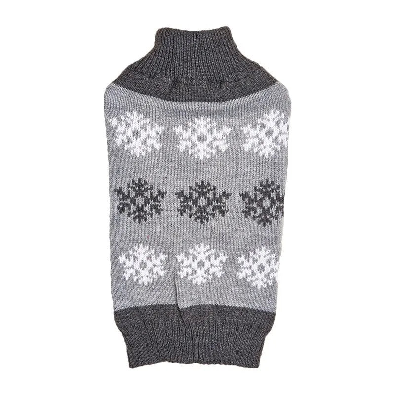Grey knitted dog Christmas sweater with snowflake pattern showing size range from XXS to XL