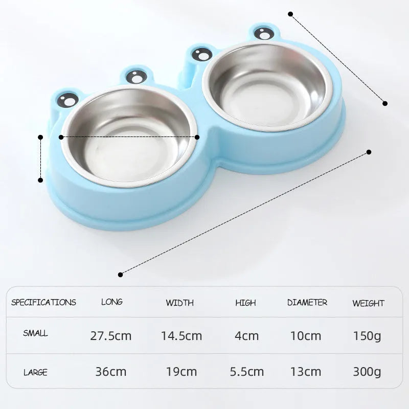 Stainless steel pet double feeding bowl with frog design in blue, green, and pink colours