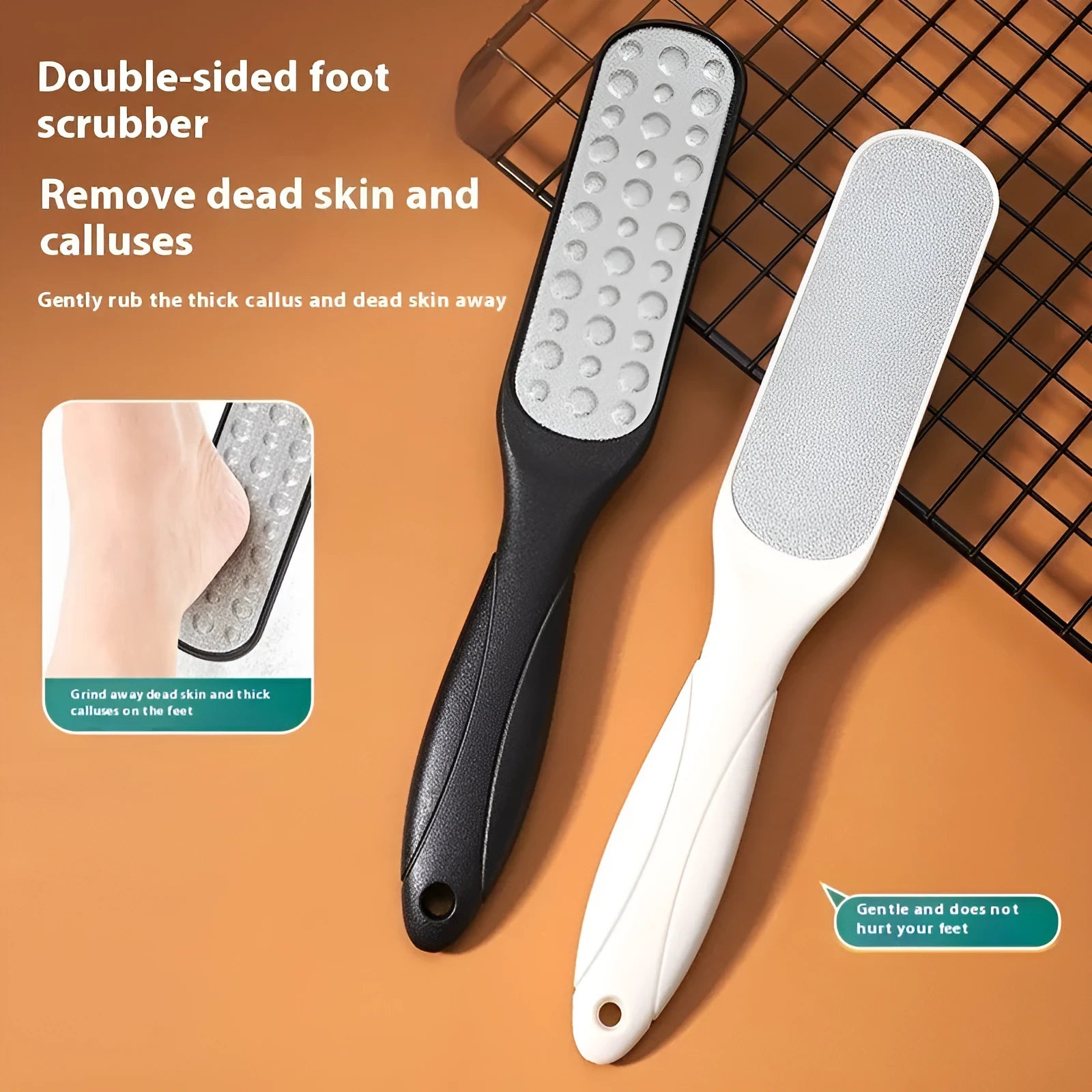 Stainless steel foot grinder with white and black double-sided abrasive attachments for foot care