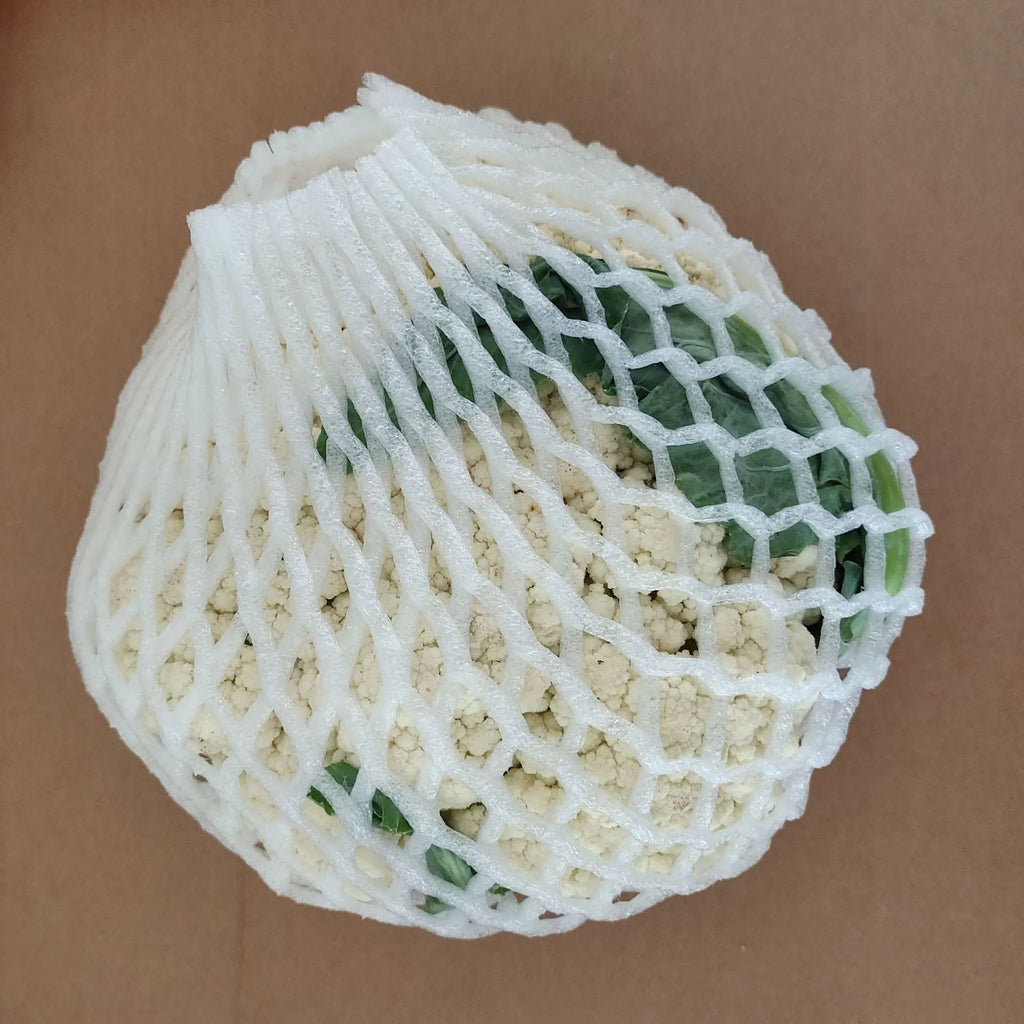 White foam fruit protective net cover shown in multiple size options for transport protection