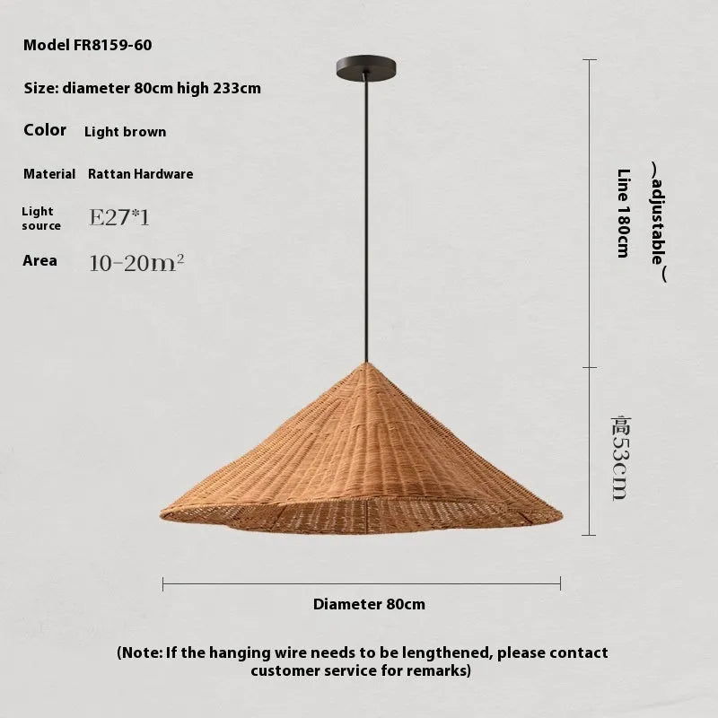 Natural rattan woven pendant ceiling lamp in Zen style, shown in 50cm, 60cm, and 80cm diameter options.