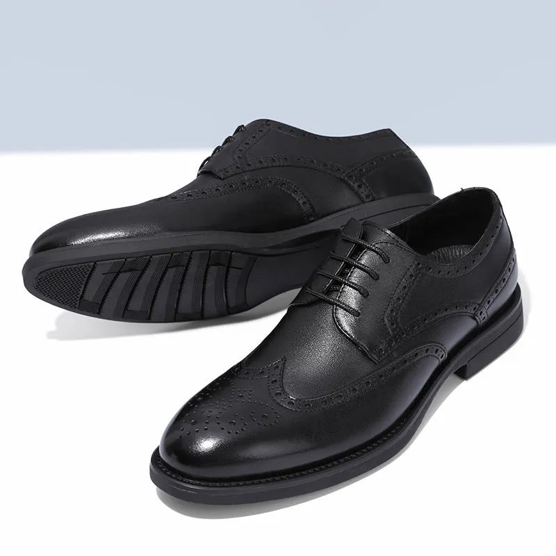 Men's black and brown brogue leather shoes for business with a PU leather upper.