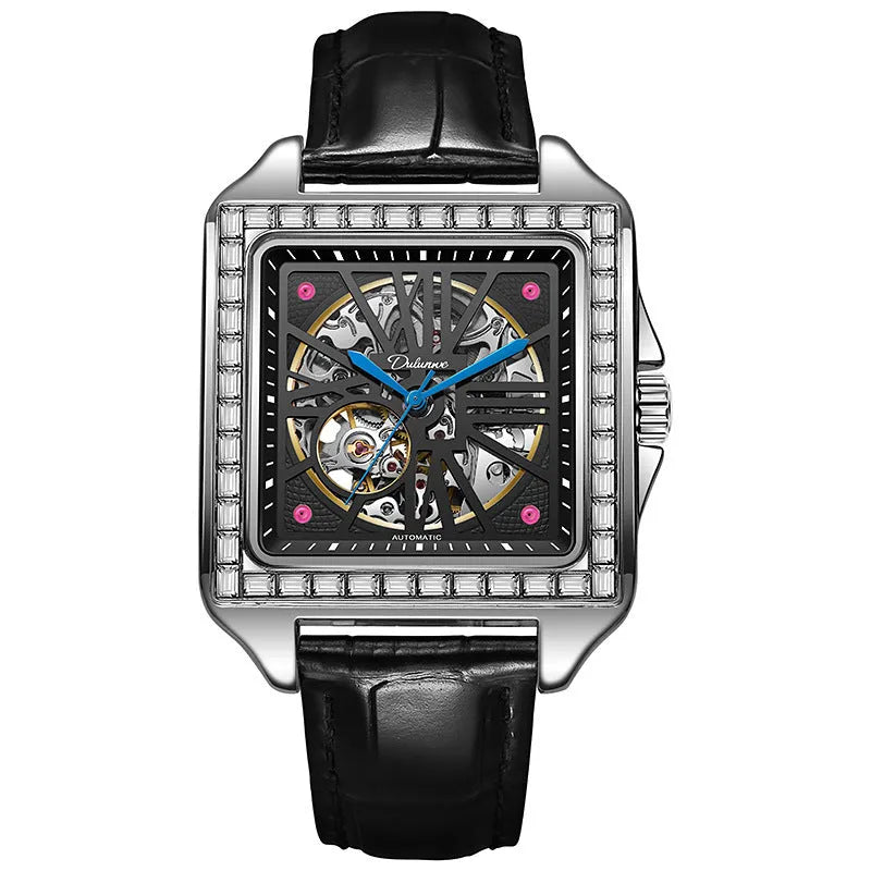 Men's square automatic watch with diamond-studded dial on a black leather strap.