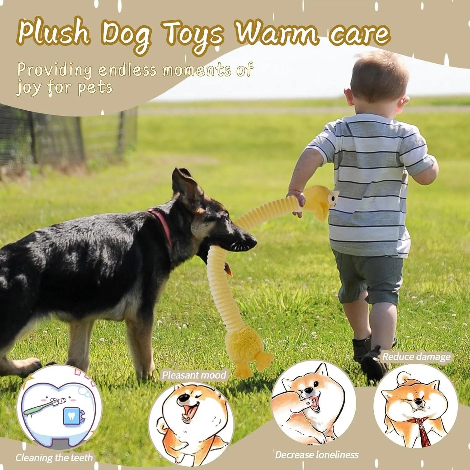 Plush squeaky dog toy with crinkle elements in brown colour for small medium large dogs