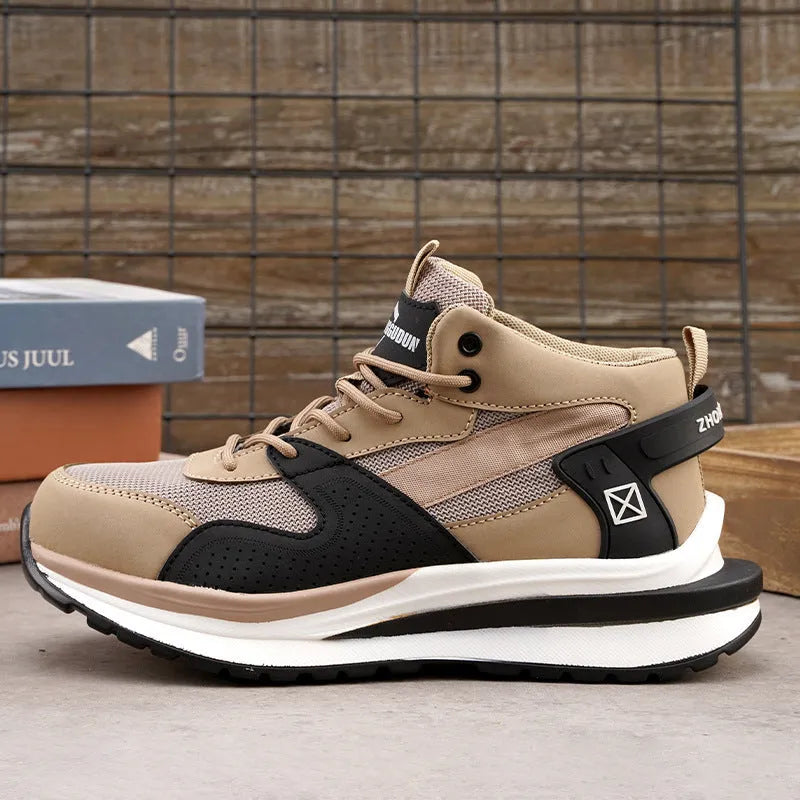 Low-top safety work shoes with a steel toe cap and lace-up front, shown in black, brown, and grey colour options.