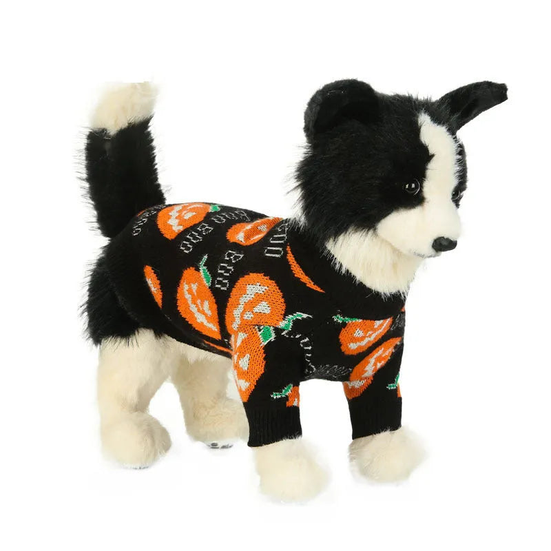 Black dog sweater with orange pumpkin pattern for Halloween pet clothing