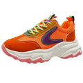 Mixed-colour women's lace-up sneakers with breathable mesh upper, thick rubber sole, and round toe in orange and purple
