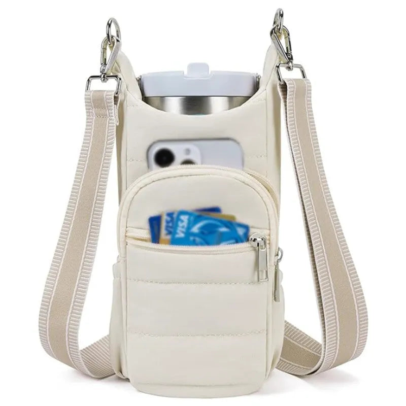 Cloth water bottle bag with adjustable shoulder strap for bicycles in black, pink, and beige colours.